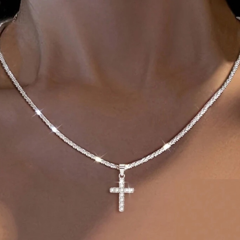 Sterling Silver Plated‎ and Rhinestone Cross Necklace